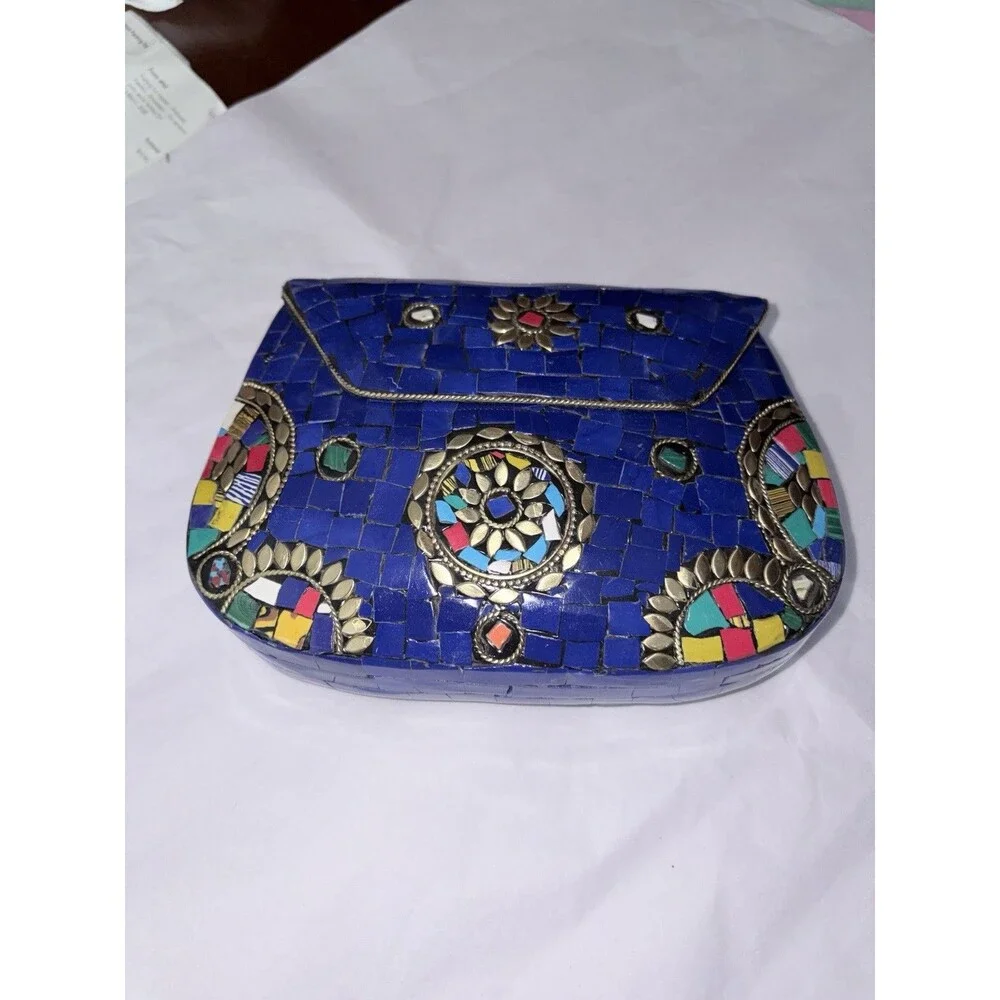 Ramla Stunning Blue Mosaic Clutch Crossbody Bag With Gold Chain B12 - Picture 5 of 9